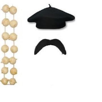 FRENCH BERET HAT GARLIC GARLAND AND MOUSTACHE SET FOR FANCY DRESS AND STAG NIGHT