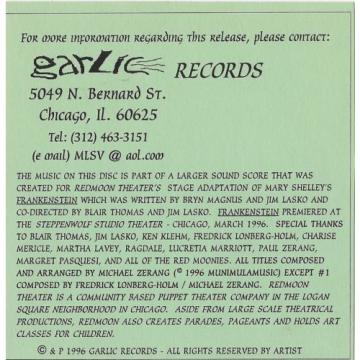 Redmoon Theater&#039;s FRANKENSTEIN cd Michael Zerang 1996 Chicago Garlic records 26t
