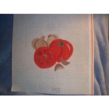 Needlepoint canvas, red tomato &amp; slices, with garlic gloves
