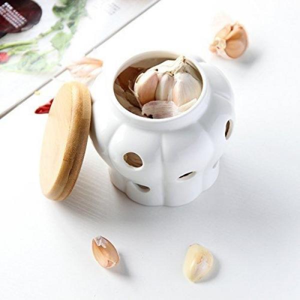 JD.Gems White Stoneware Garlic Keeper with Bamboo Lid and 12 Air Vent #5 image