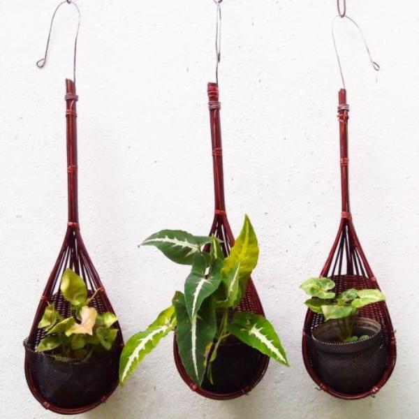 3 HANGING BAMBOO BASKETS POT PLANT ORCHIDS BALCONY PATIO  KITCHEN GARLIC HOLDER #4 image