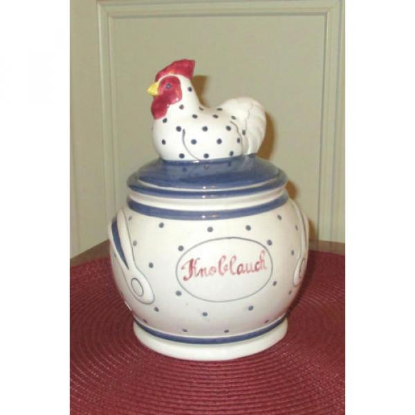 Patriotic Red White &amp; Blue Knoblauch (Garlic) Ceramic Jar with Rooster Lid #1 image