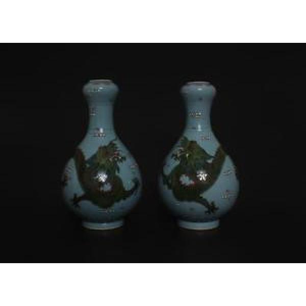 Pair Antique Chinese Famille-Rose Dragon Garlic-head Vases Qianlong Mark s128 #1 image