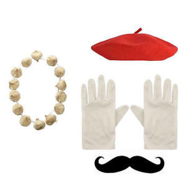 New French Fancy Dress Costume Frenchman Red Beret Hat &amp; Gloves &amp; Tash &amp; Garlic #1 image
