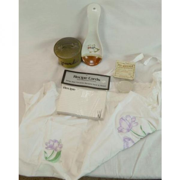 Lot of 5 Kitchen Collectibles Garlic Keeper Spoon Holder Embroidered Apron Watch #1 image